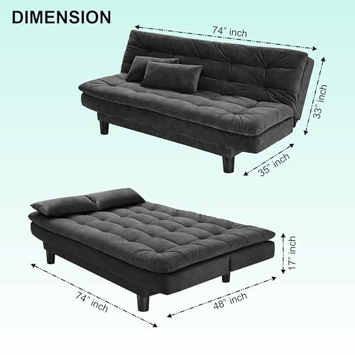 Image of Modern 3 Seater Sofa Cum Bed with Cushions, Foldable Convertible Couch, Velvet Fabric Sleeper Sofa for Living Room, Guest Room, Black