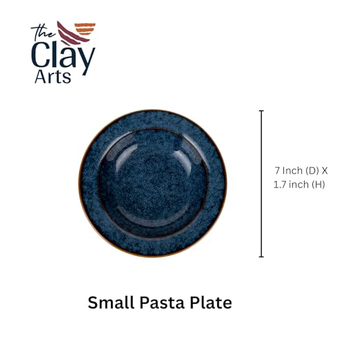 Image of Premium Pasta Plate, Ceramic Plate for Pasta, Small, Round & Deep Dish, Microwave & Dishwasher Safe, Handmade Stoneware, Elegant Tableware for Every Occasion, Rustic Blue, 7 Inch