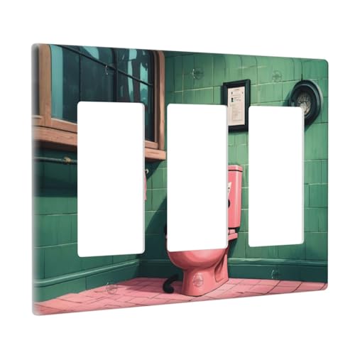Decorative Outlet Covers Funny Black Cat Newspaper Pink Toilet 3 Gang Wall Plate Triple Rocker Light Switch Cover Plate Jumbo Electrical Gfci Faceplate for Bedroom Decor