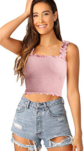 SheIn Women's Casual Frill Smocked Crop Cami Tank Shirred Strap Sleeveless Top Pink X-Small