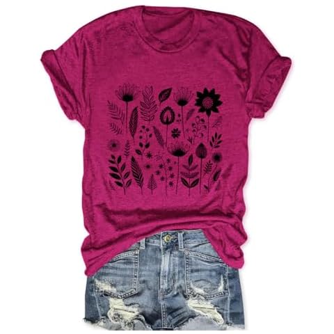 Women Wildflower Shirt Boho Flower T Shirts Botanical Cottagecore Short Sleeve Graphic Tees(Rose,XXL) Cover