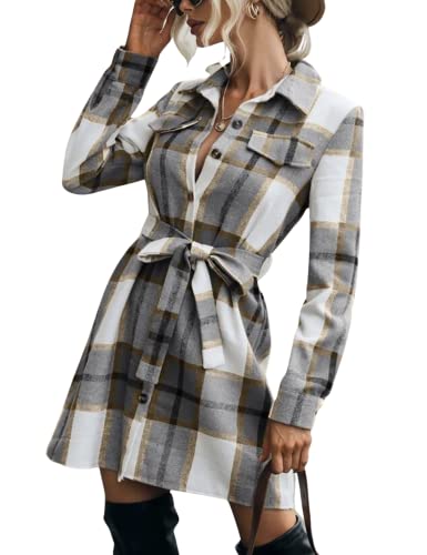 Image of SeekMe Women's Long Plaid Shirt Jacket Shacket Lapel Button Down Woolen Blend Casual Tartan Over Shirt Trench Coat