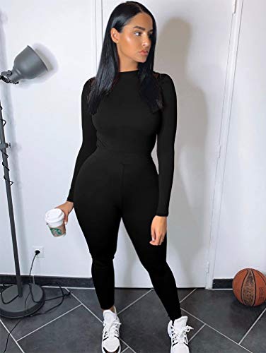 GOKATOSAU Women's Sexy 2 Piece Outfits Long Sleeve Crop Top Pants Set Club Jumpsuits Black