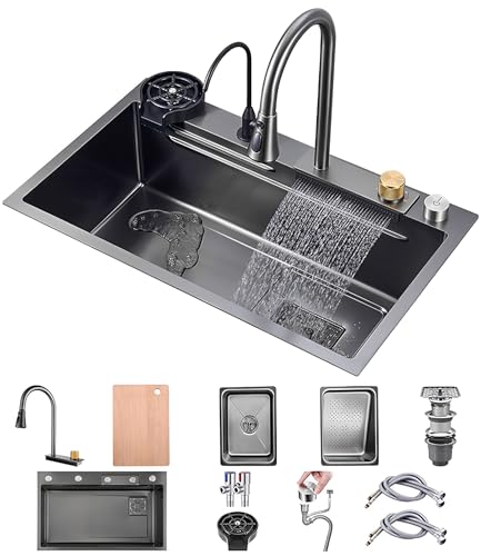 ERoomQ ウォーターフォールキッチンシンク ワークステーション ナノメーター ウォーターフォール トップマウントシンク ステンレススチール バーシンク 多機能 シングルボウル キッチンシンク 蛇口コンボ&水切り付き (ブラック80x45x22cm)