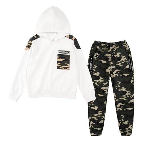 LOLANTA 2PCS Enfants Survêtement Ensemble Sweatshirt à Capuche et Pantalon de Cargo Camouflage pour Garçons, Blanc, 6-7 ans, 130