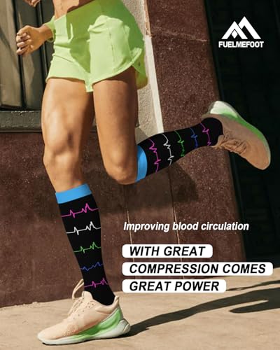 Image of FuelMeFoot 6 Pairs Compression Socks for Women & Men 15-20mmHg Graduated Support Knee High Socks for Nurses, Travel, Athletic