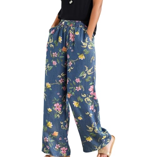 Womens Summer Fit Floral Printed Elastic Waist Jeans Casual Loose Flower Lightweigth Washed Straight Leg Denim Pants