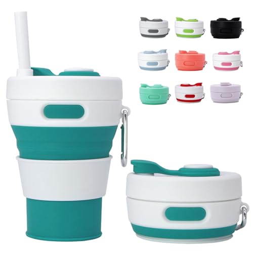 MOMAHUA 450ml Taza Plegable de Silicona Azul Pavo Real,Taza de Café Reutilizable Plegable para Viaje,Copa Colapsable con Tapa Anti-fugas, Incluye Porta-taza y Cuerda