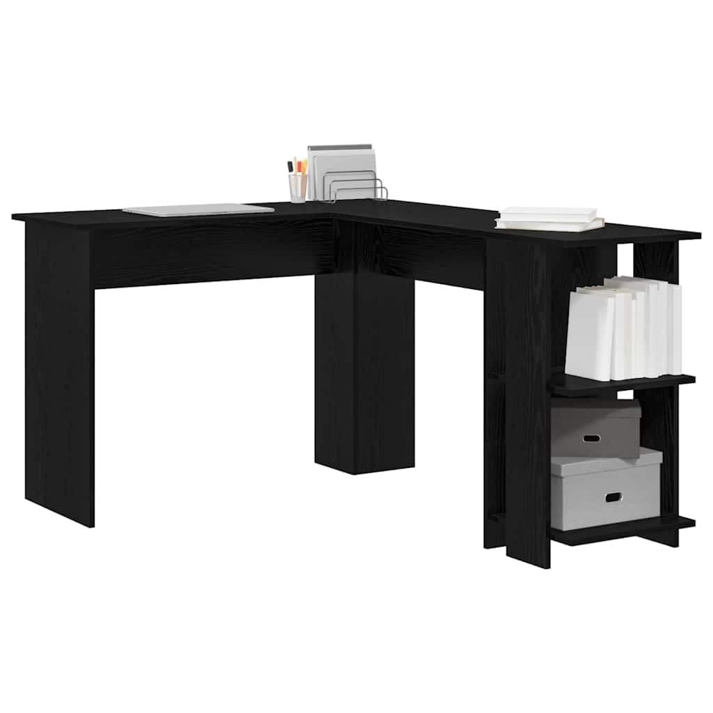 Scrivania angolare nera effetto rovere, in legno, 140 x 113,5 x 75 cm, con scaffale, moderna scrivania da ufficio per casa e studenti, tavolo da lavoro compatto per lavorare in modo efficiente