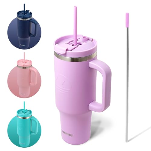 FAHRMOSIS 40 Oz Tumbler with Handle and Straw Insulated Cup that Fits in Cup Holder for Hot & Cold Drinks Leak Proof Tumbler with Straw Stainless Steel Travel Mug for Men & Women - Lavender