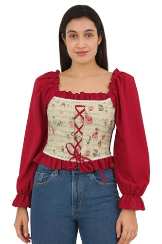 Image of ICW Women Korean Retro Style Vintage Floral Jacquard Lace-Up Off-The-Shoulder Smock Puff Sleeve Ruffled Crop Blouse Corset Top DN6021