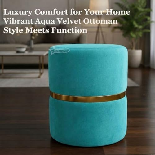 Image of Round Single Strip Upholstered Stool Living Room Foot Rest Linen Fabric Padded Seat Pouf Ottoman Office Stool Aqua