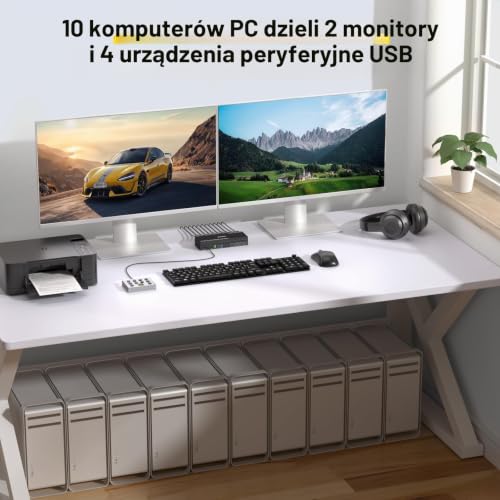HDMI 10 Port KVM Switch 2 Monitors 4K@60Hz EDID Simulacja, Dual Monitor KVM Switch 10 PC z 4 Port USB 3.0 Dla Tablicy Klawiszowej i Myszy, Audio RS232, z Kontrolerem, Zasilania 12V i 10 Kablem USB