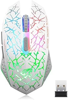 Q8 Wireless Gaming Computer Mouse, 2.4GHz USB Optical Rechargeable Ergonomic LED Wireless Silent Mouse, 3 Adjustable DPI, 6 Buttons, Compatible with PC, Laptop, Notebook, Desktop (White)