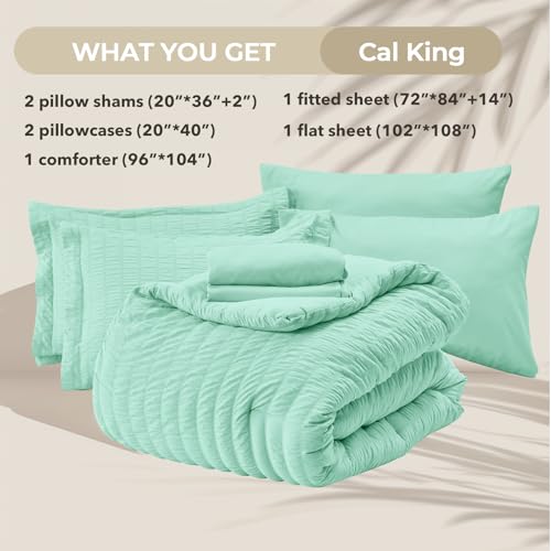 Image of HYMOKEGE Mint Green California King Comforter Set Seersucker 7 Pieces, All Season Luxury Bed in a Bag for Bedroom, Bedding Set with Comforter, Sheets, Pillowcases & Shams