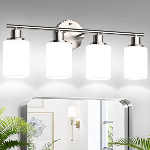4-Light Bathroom Light Fixtures, Brushed Nickel Modern Vanity Lights with Milky White Frosted Glass Shades, Bathroom Wall Lamp for Mirror Kitchen Living Room