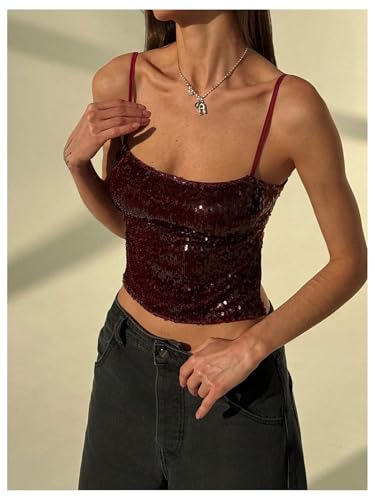 MakeMeChic Women's Y2K Sequin Tops Sparkly Beaded Top Glitter Concert Outfits Party Open Back Dressy Crop Tank Tops4