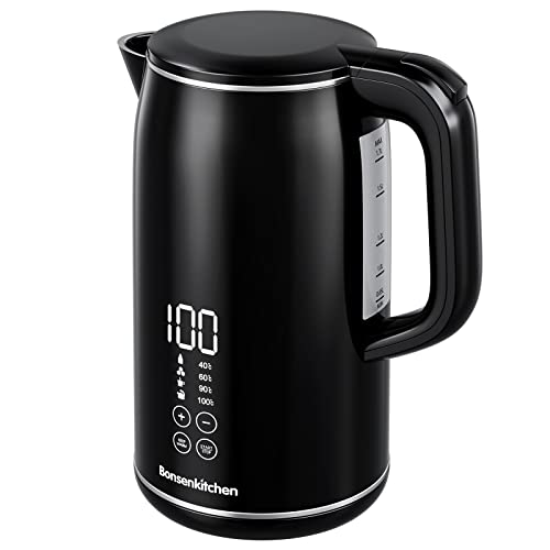 Wasserkocher Edelstahl, 4 Temperaturstufen, 1.7L mit LED Touch Control Display, Doppelwand Design, 2200W, Warm Halten, Kabellos, Trockenkochschutz und Automatische Abschaltung Cover