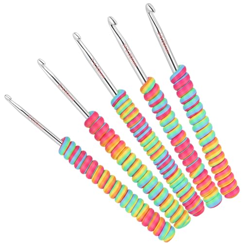 Image of 5 Sizes Crochet Hooks for Beginners 3.5mm(E)-6.0mm(J), Gradient Rainbow Ergonomic Grip for Arthritic, Extra Long Aluminum Crochet Needles, Ideal Crocheting Set Gift
