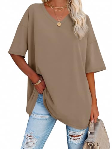 Image of ATHMILE Womens Oversized Shirts V Neck Plus Size Spring Workout Summer Tops Beach Vacation 2026 Gym Clothes Basic Tee