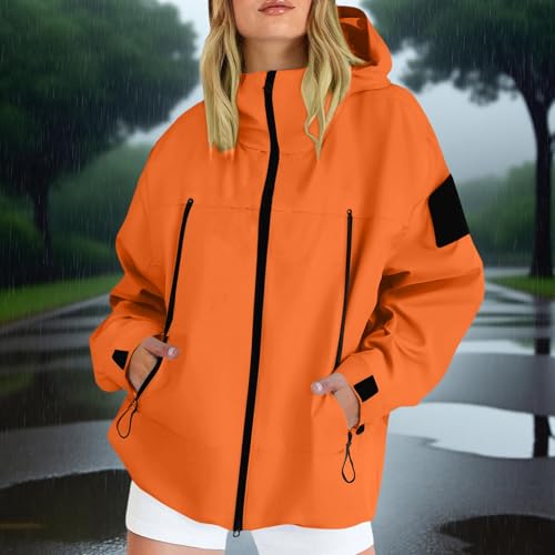 Women Waterproof Rain Jacket Lightweight Hooded Long Sleeve Hiking Raincoat Windbreaker Loose Soft Coat with Pocket2