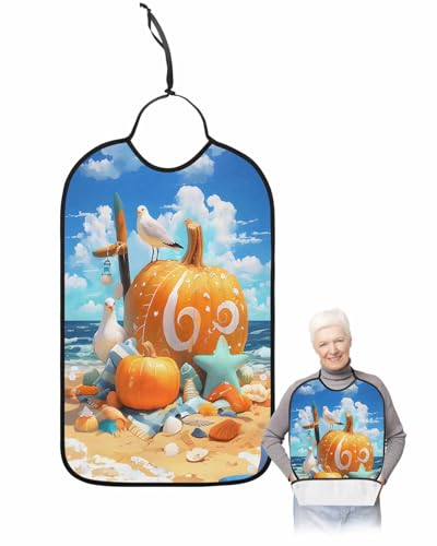 LEOKOTI Coastal Pumpkins Adult Bibs for Eating, Waterproof Bibs with Food Catcher & Adjustable Snap Closure, Fall Nautical Starfish Beach Washable Clothing Protectors Adult Bibs for Elderly Women/Men