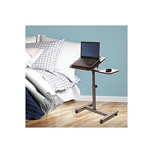 Image of Seville Classics Airlift Height Adjustable Mobile Rolling Laptop Cart Computer Workstation Desk, Table for Home, Office, Classroom, Hospital, w /Wheels, Walnut, Tilt w /Side Table (28 inch) (NEW Model)