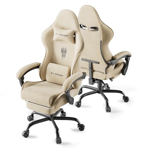 Huracan Gaming Stuhl mit Massage Lendenwirbelstütze, Verstellbare Armlehnen Gaming Chair, Gamer Stuhl Ergonomisch mit Fußstütze, Samtstoff, 90-160° Rückenlehne verstellbar Gaming Sessel, 150KG（Beige）