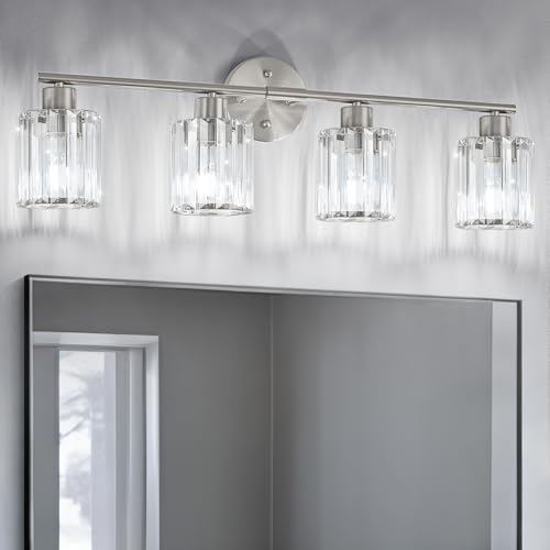 Image of Modern Brushed Nickel Crystal Bathroom Light Fixtures,4-Light