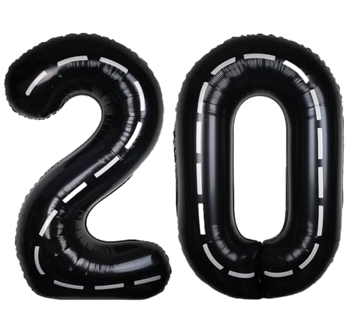 Image of Race Car 40 Inch Black 20 Big Large Helium Balloon Number 0-9 | Track Giant Digital 20th Foil Mylar Party Balloons for Men Birthday Car Theme Party Anniversary Graduation Decorations