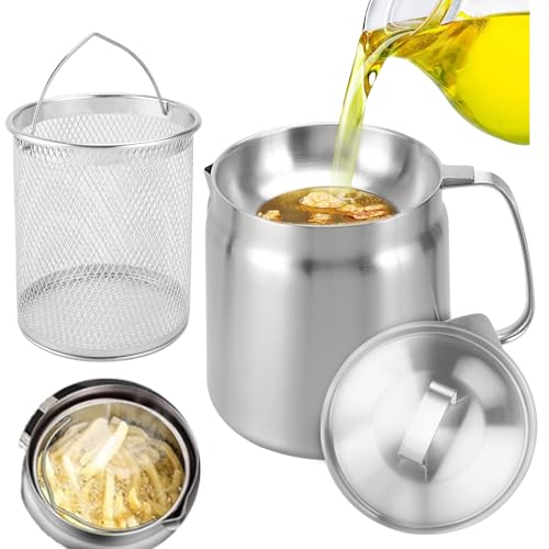 Stainless Steel Oil Filter Pot 68 OZ, 2 in 1 Oil Strainer Pot, 304 Stainless Steel, Large Capacity, Versatile Oil Filter Vessel, 2 in 1 oil strainer pot fryer Multi-Function Deep Fryer Pot 2L
