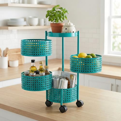 Image of 4-Tier Kitchen Carbon Steel Storage Rack - Turquoise Green | Durable & Sturdy Cart Organizer for Home & Kitchen | Vegetable, Fruits & Pantry Corner Rack | Multi-Layer Round Rack with Wheels