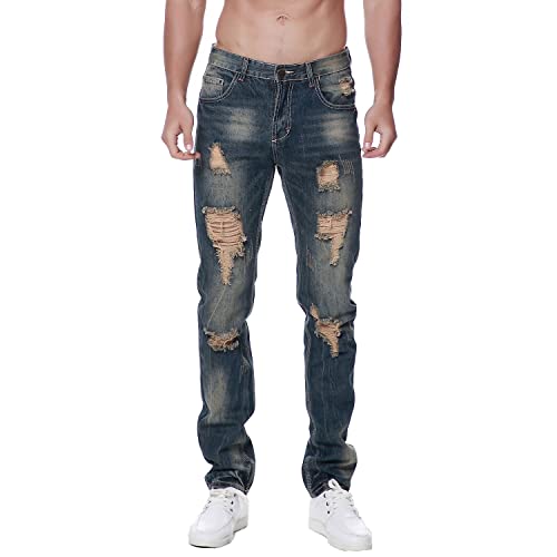 Previn Men's Distressed Denim Jeans Ripped Destroy Trousers Holes Freyed Slim Straight Pants