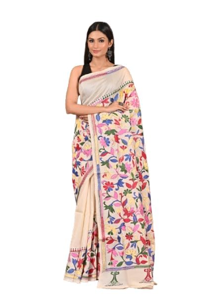 Pure Silk Kantha Saree for Women | Hand Embroidered Traditional S...