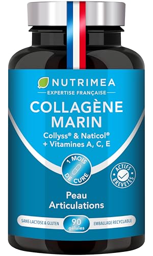 COLLAGENE MARIN - Type 1 BREVETÉ Pur et Naturel - Vitamines A, C & E Végétales - Nutrimea - 900 mg - 90 Gélules - Fabriqué en France