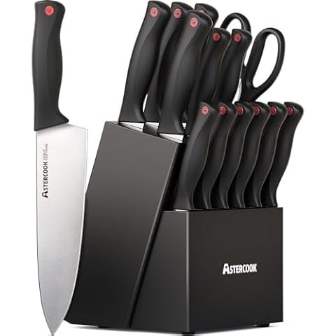 Astercook Knife Set, 15 Pieces Kitchen knives Set with Built-in Sharpener, High Carbon German Stainless Steel Chef Knife Block Sets, Sharp & Rust Resistant Dishwasher Safe, Black Cover