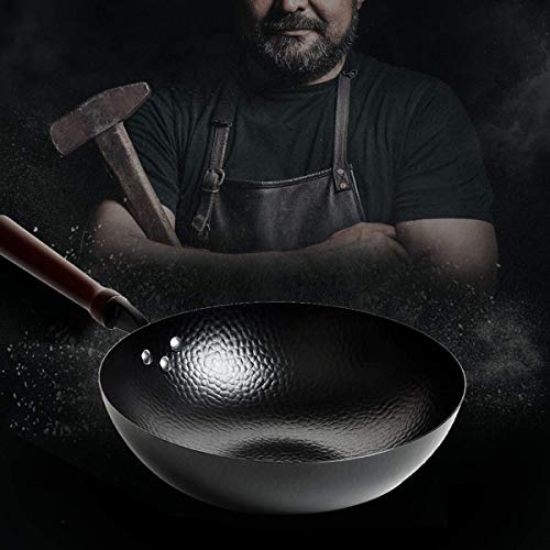 Cooking Wok Pan Nonstick, Hammered Wok and Stir Fry Pans with Wooden Handle, Frying Wok Carbon Steel Flat Bottom, Chinese Iron Pot for Cooking (12 Inch)
