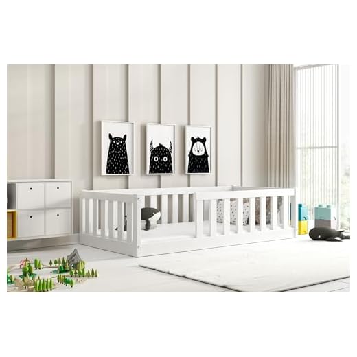 Lit au Sol Bella 80x160 cm Lit Enfant Montessori avec Barrière de Sécurité et Sommier à Lattes, Bois Massif Pin (Blanc)