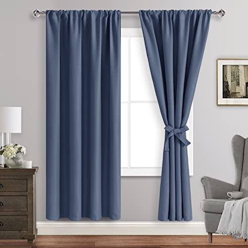 JIUZHEN Dusty Blueout Vorhänge für Schlafzimmer - wärmeisolierte Raumverdunkelung, geräuschreduzierend, 107 x 183 cm Länge Vorhänge für Wohnzimmer, Set mit 2 Paneelen mit Raffhaltern, staubblau Cover