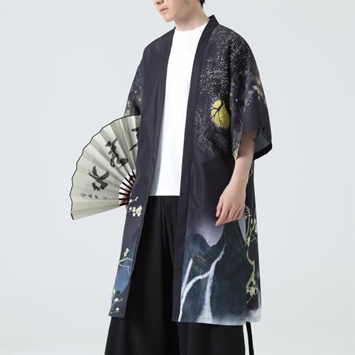 Seidarise Men’s Demon Slayer Haori, Long Kimono Cardigan Jacket Japanese Style Flying Crane Seven Sleeves Open Front Coat