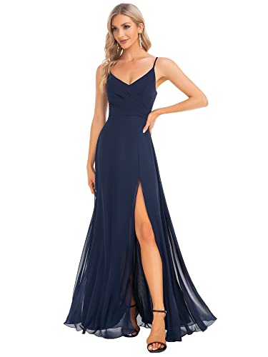 Image of Ever-Pretty Women's Summer Backless Spaghetti Straps Bridesmaid Dresses Chiffon V-Neck Slit Long Formal Wedding Guest Dress