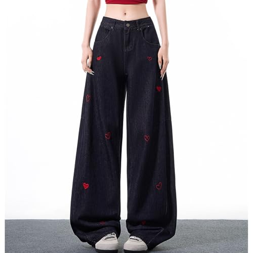 Women's Cute Casual High Waisted Wide Leg Jeans Y2K Vintage Kawaii Heart Embroidered Baggy Denim Pants2