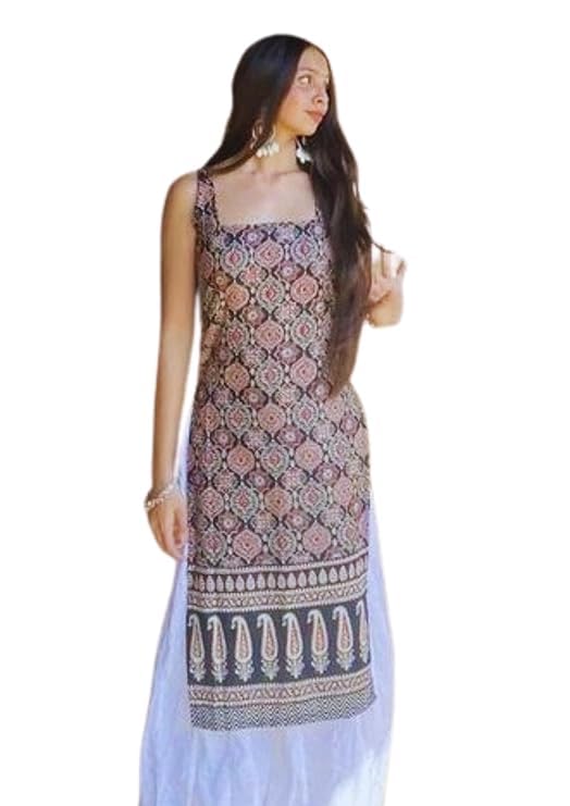 Image of Women's Sleeveless Ajrak Print Kurti - Pure Cotton, Straight Fit Cambric Jaipuri Printed Kurti