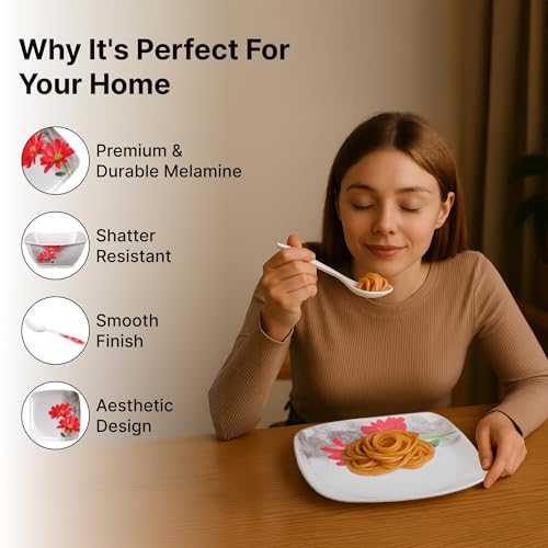 Image of Thermador Pack of 12 Melamin Dinner Set Red White | Dinner Sets | Melamine | Dinner Set for Wedding Gift | Quarter Plates Set of 12 | 12 Pieces | Red White | Dinnerware Set
