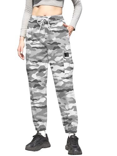 Image of Cromoncent Girls Cargo Pants Elastic Waist Lightweight Outdoor Jogger Pants, Gray White Camo 7-8 Years