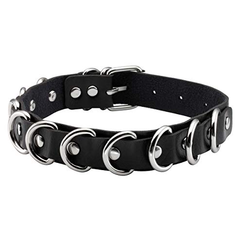 EIGSO Black Leather Choker Collar Metal Hoop O-Ring Bracelet Wide Strap for Men