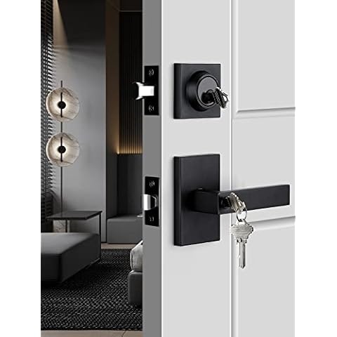 goldenwarm Black Door Handle with Deadbolt, Square Contemporary Matte Black Exterior Door Lock Set with Deadbolt, Heavy Duty Zinc-alloyed Front Entry Door Locksets with Deadbolt(1 Pack) Cover