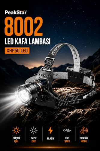 PeakStar Ps-8002 Sensörlü Zoomlu Profesyonel 3000 Lümen Xhp50 Led Usb'li Şarjlı Kafa Lambası