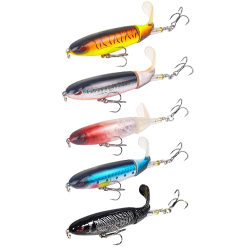 Popper Top Water Fishing Lure: 5pcs Whopper Fishing Lures with Floating Rotating Tail Barb Treble Hooks Saltwater Freshwater for Bass (5pcs 2)