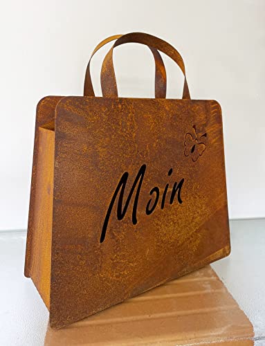 STEINFIGURENWELT GIEBEN Edelrost Große Handtasche 32x37cm Tasche zum Bepflanzen Moin mit Schmetterling Rost Pflanztasche Blumentopf Windlicht Edelrost Gartendeko